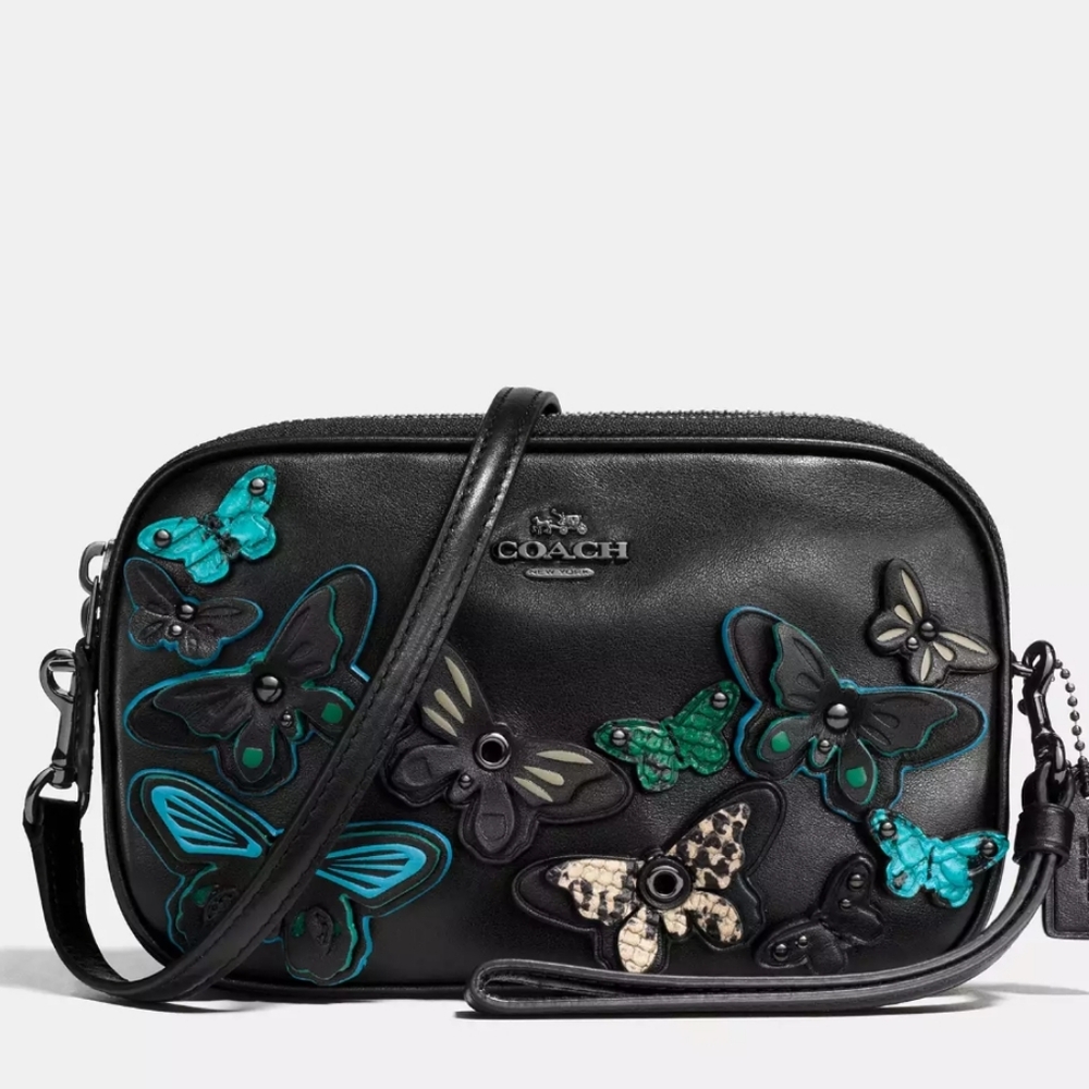 Coach Butterfly Applique Crossbody Bag In Black Leather